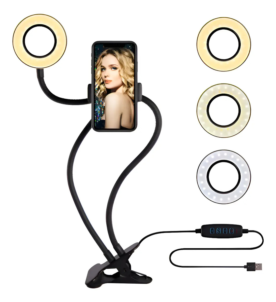Anillo Led Selfie Genérico Soporte Celular 24 Led Usb Negro