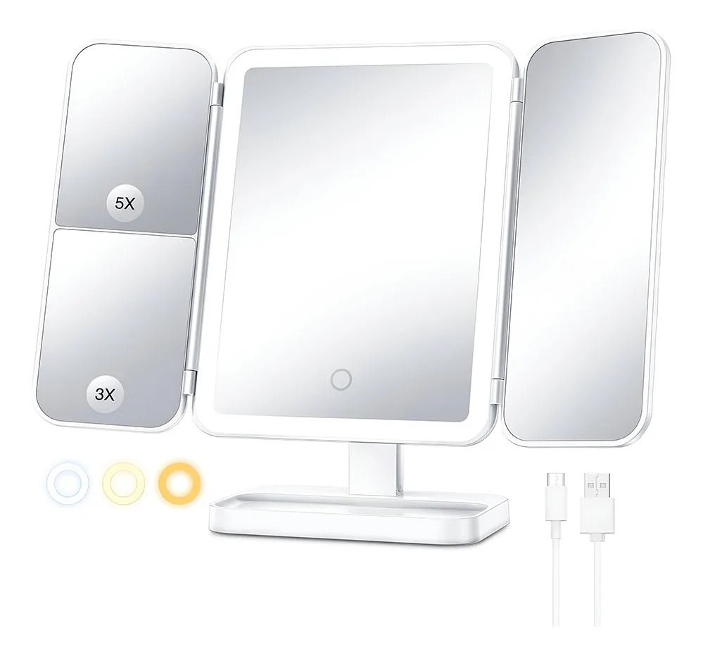 Espejo Triple Con Aumento Recargable Led Luces Vanity